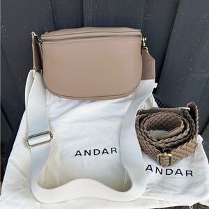 Andar The Waymaker Crossbody Bag & Extra Woven Strap both in Latte Togo